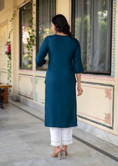 Blue Viscose Geometric Printed Kurta with Ethnic Motifs & Thread Work