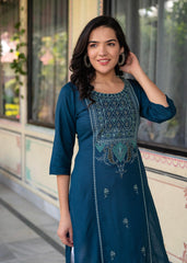 Blue Viscose Geometric Printed Kurta with Ethnic Motifs & Thread Work