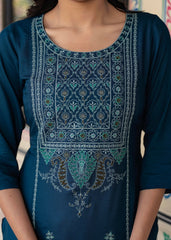 Blue Viscose Geometric Printed Kurta with Ethnic Motifs & Thread Work