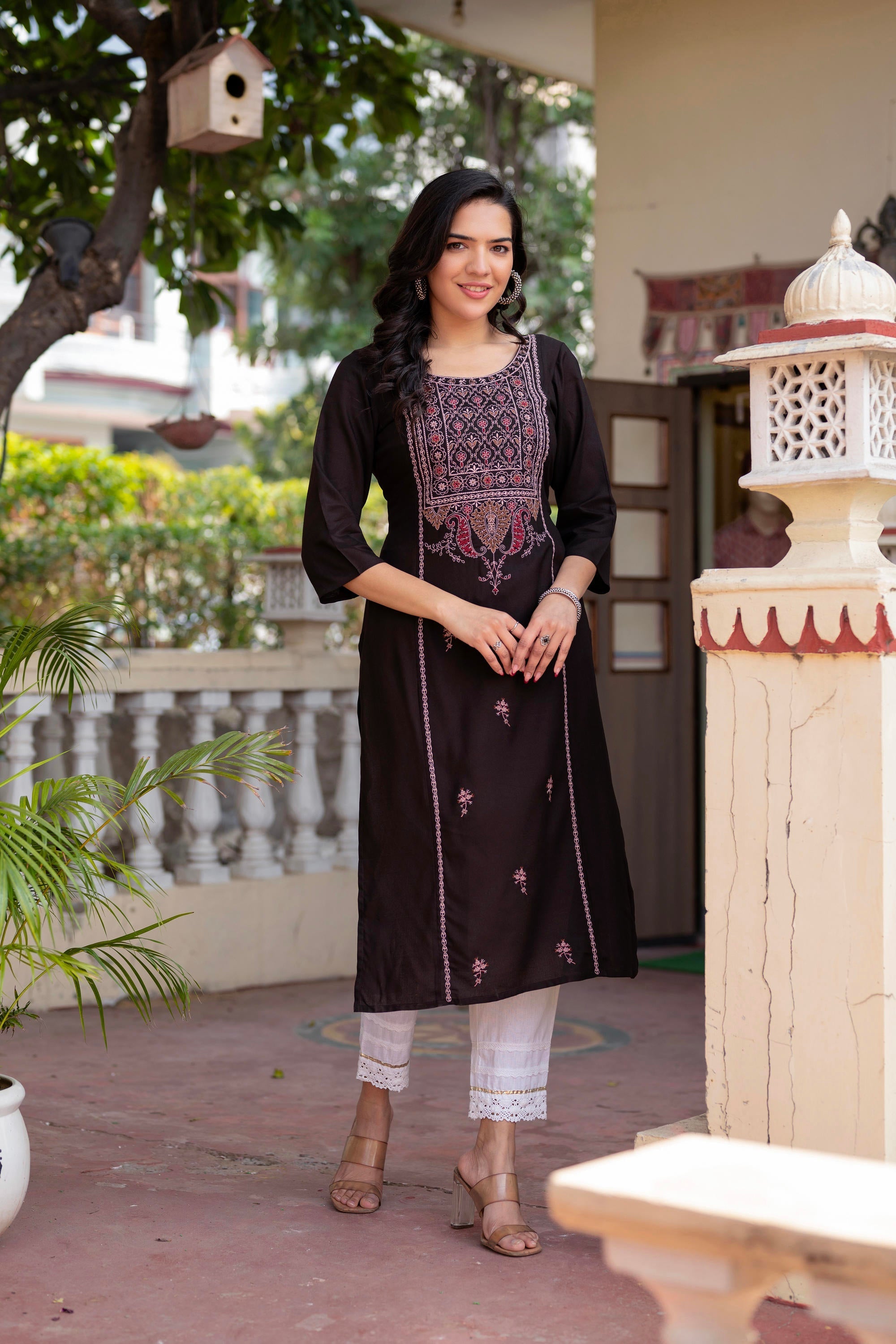 Dark Coffee Viscose Geometric Printed Kurta with Ethnic Motifs & Threa