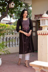 Dark Coffee Viscose Geometric Printed Kurta with Ethnic Motifs & Thread Work