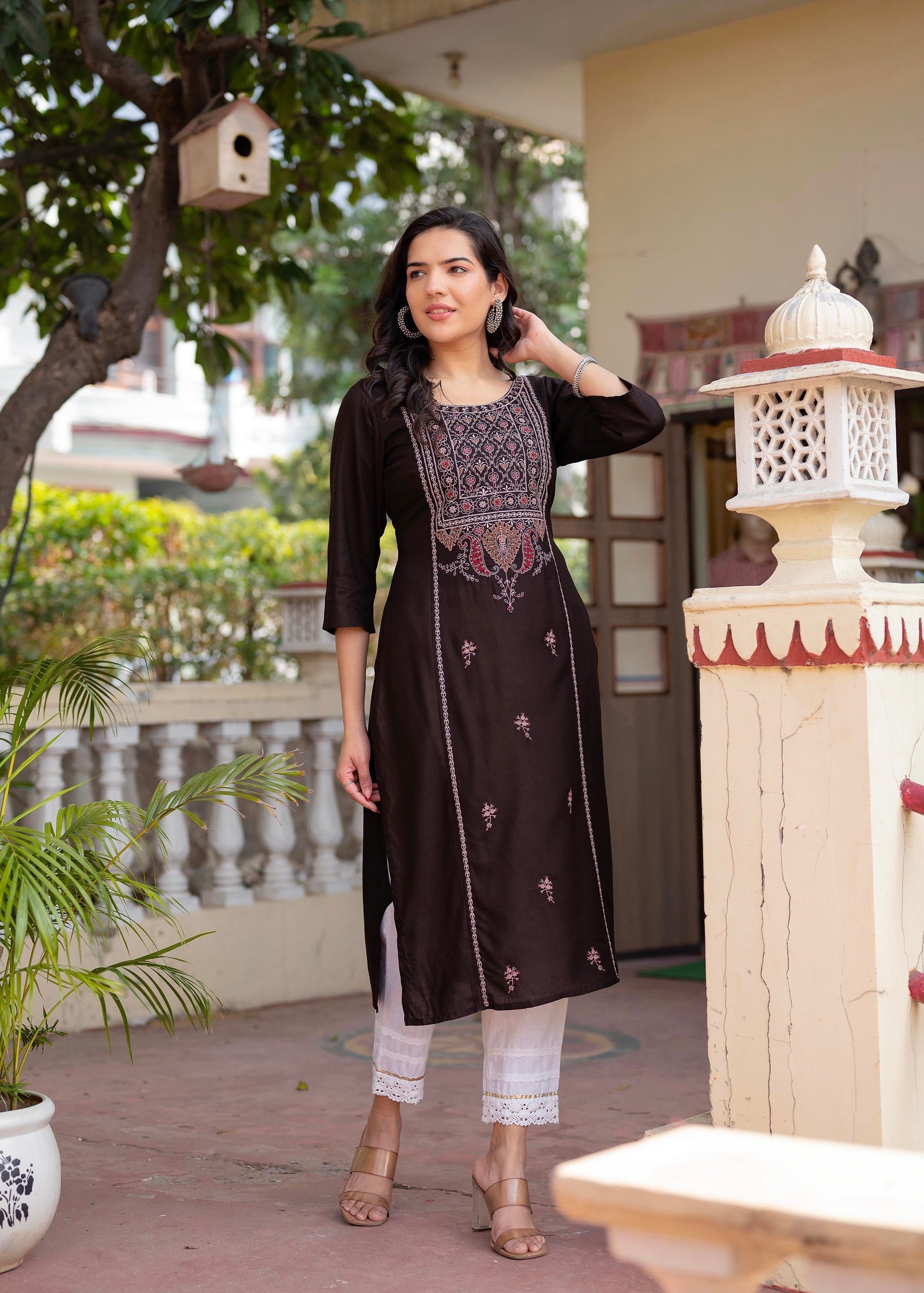 Dark Coffee Viscose Geometric Printed Kurta with Ethnic Motifs & Threa