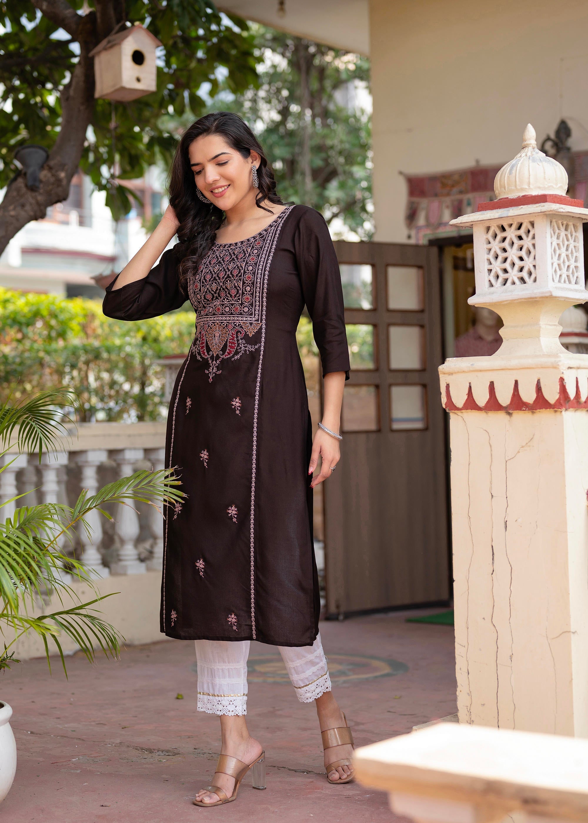 Dark Coffee Viscose Geometric Printed Kurta with Ethnic Motifs & Threa