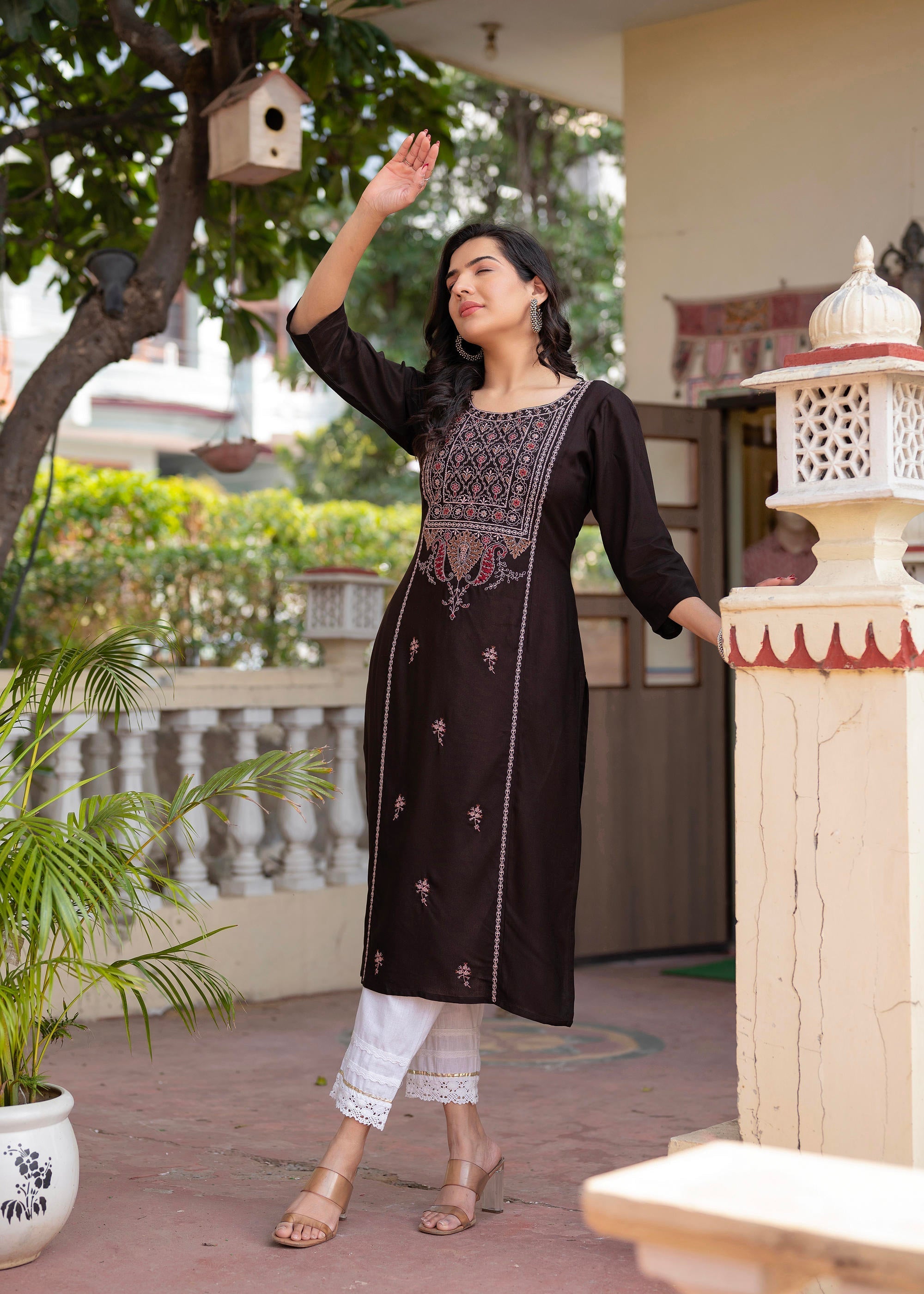 Dark Coffee Viscose Geometric Printed Kurta with Ethnic Motifs & Threa