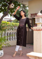 Dark Coffee Viscose Geometric Printed Kurta with Ethnic Motifs & Thread Work