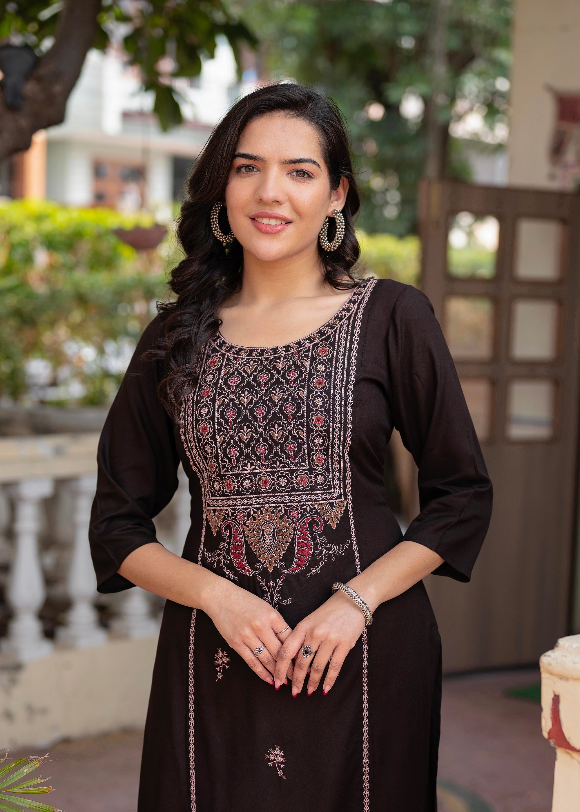 Dark Coffee Viscose Geometric Printed Kurta with Ethnic Motifs & Threa