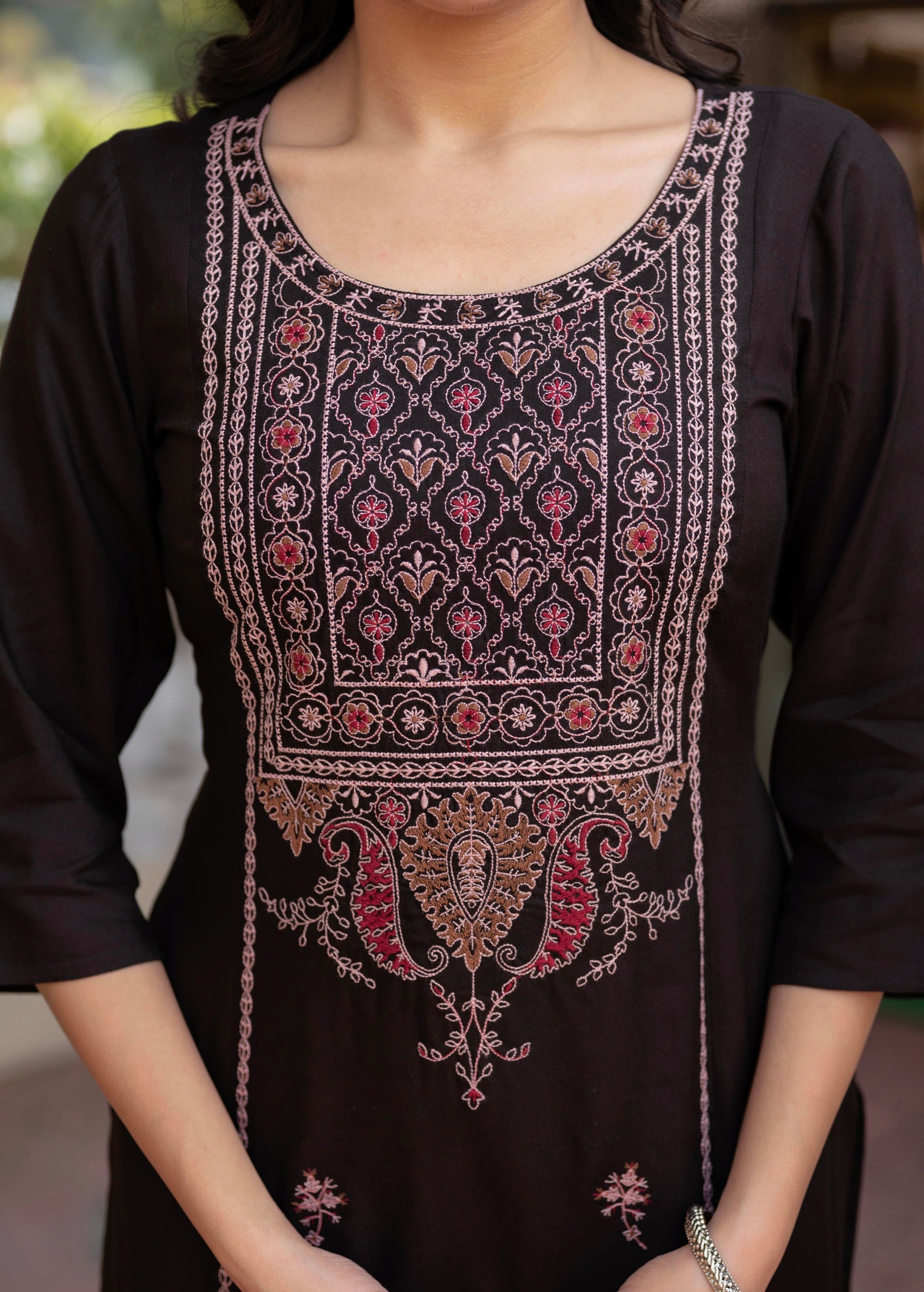 Dark Coffee Viscose Geometric Printed Kurta with Ethnic Motifs & Threa