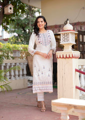 Women Offwhite Printed With Embroidered Straight Kurta-P1300OFFWHITE_ON