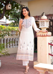 Women Offwhite Printed With Embroidered Straight Kurta-P1300OFFWHITE_ON