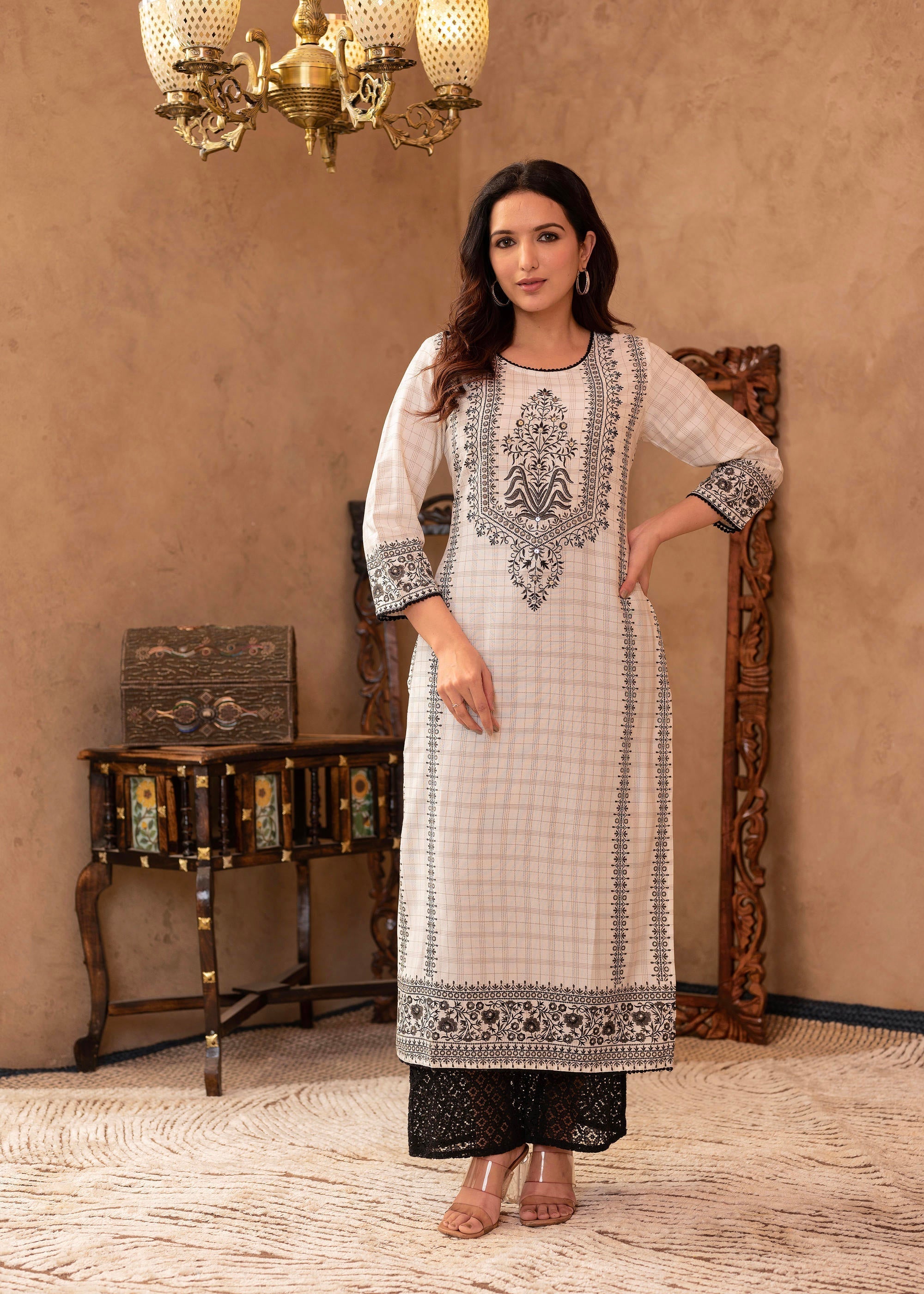 Black & White Ethnic Motif Printed Viscose Kurta with Cotton Lace & Se