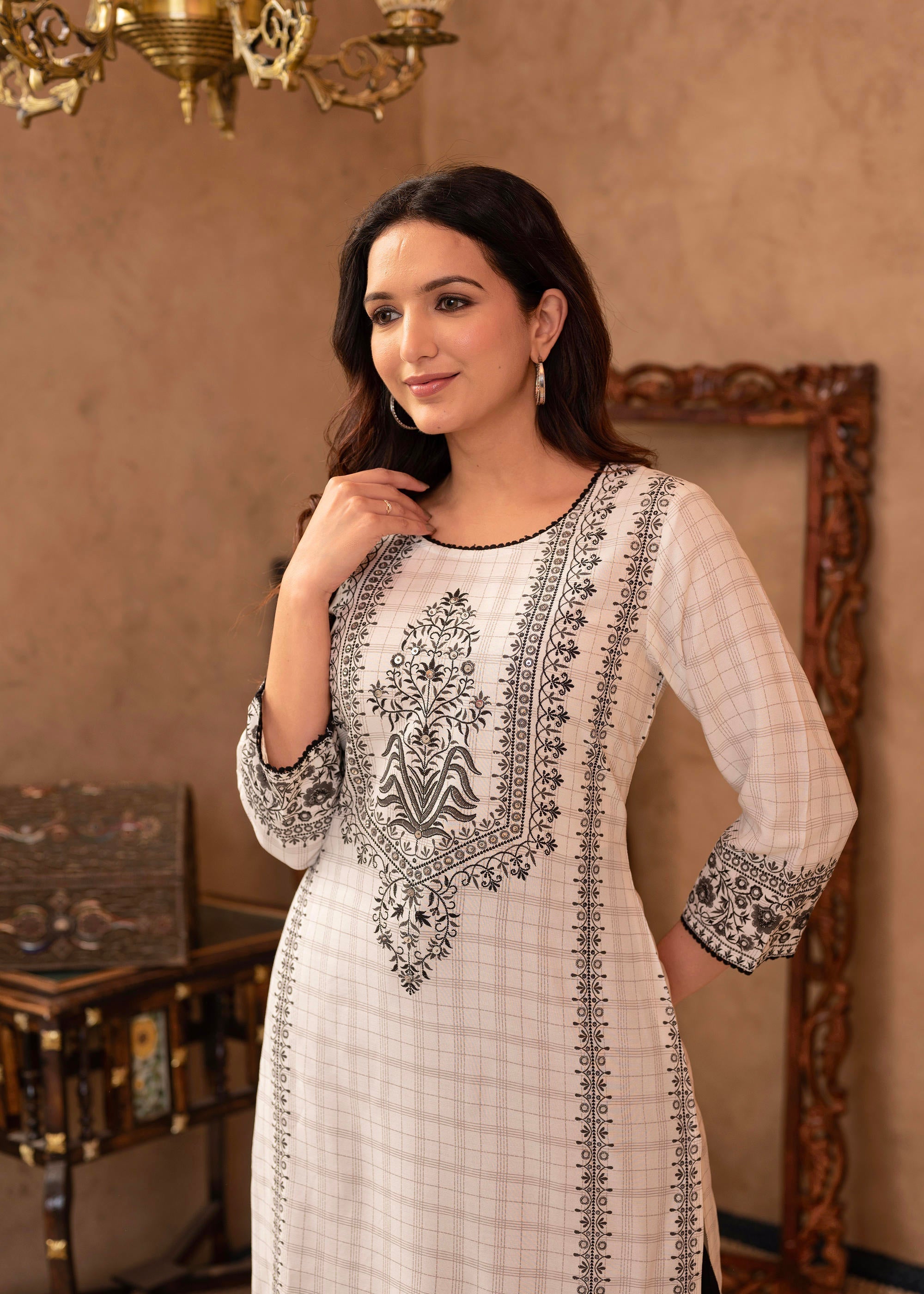 Black & White Ethnic Motif Printed Viscose Kurta with Cotton Lace & Se