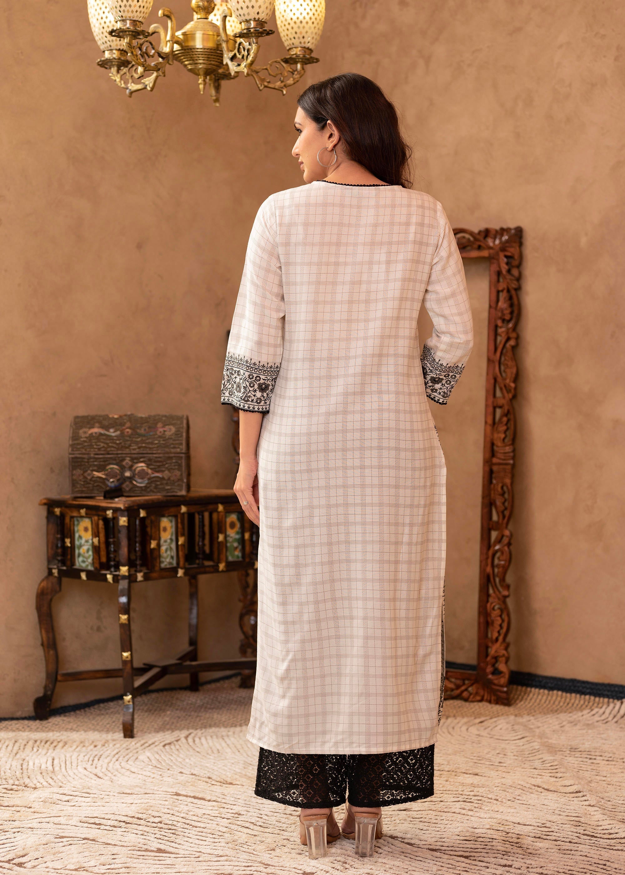 Black & White Ethnic Motif Printed Viscose Kurta with Cotton Lace & Se