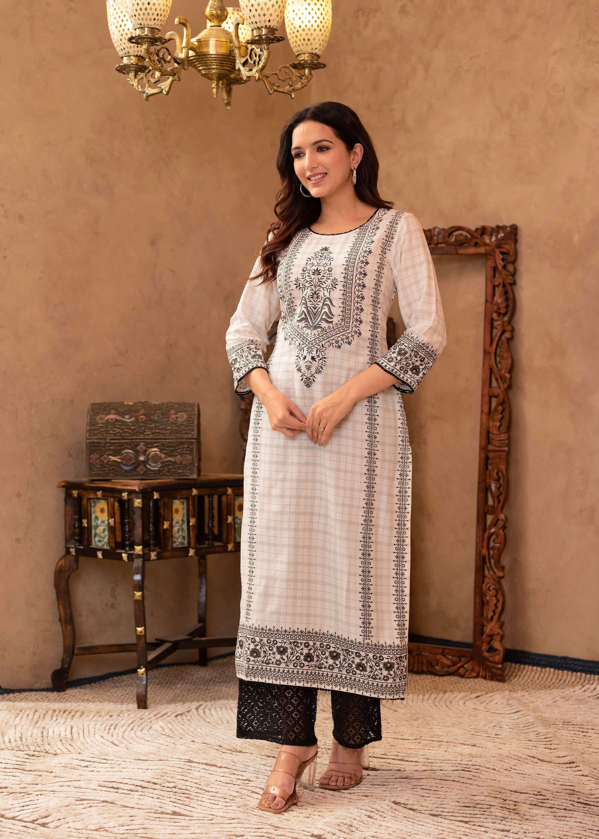 Black & White Ethnic Motif Printed Viscose Kurta with Cotton Lace & Se