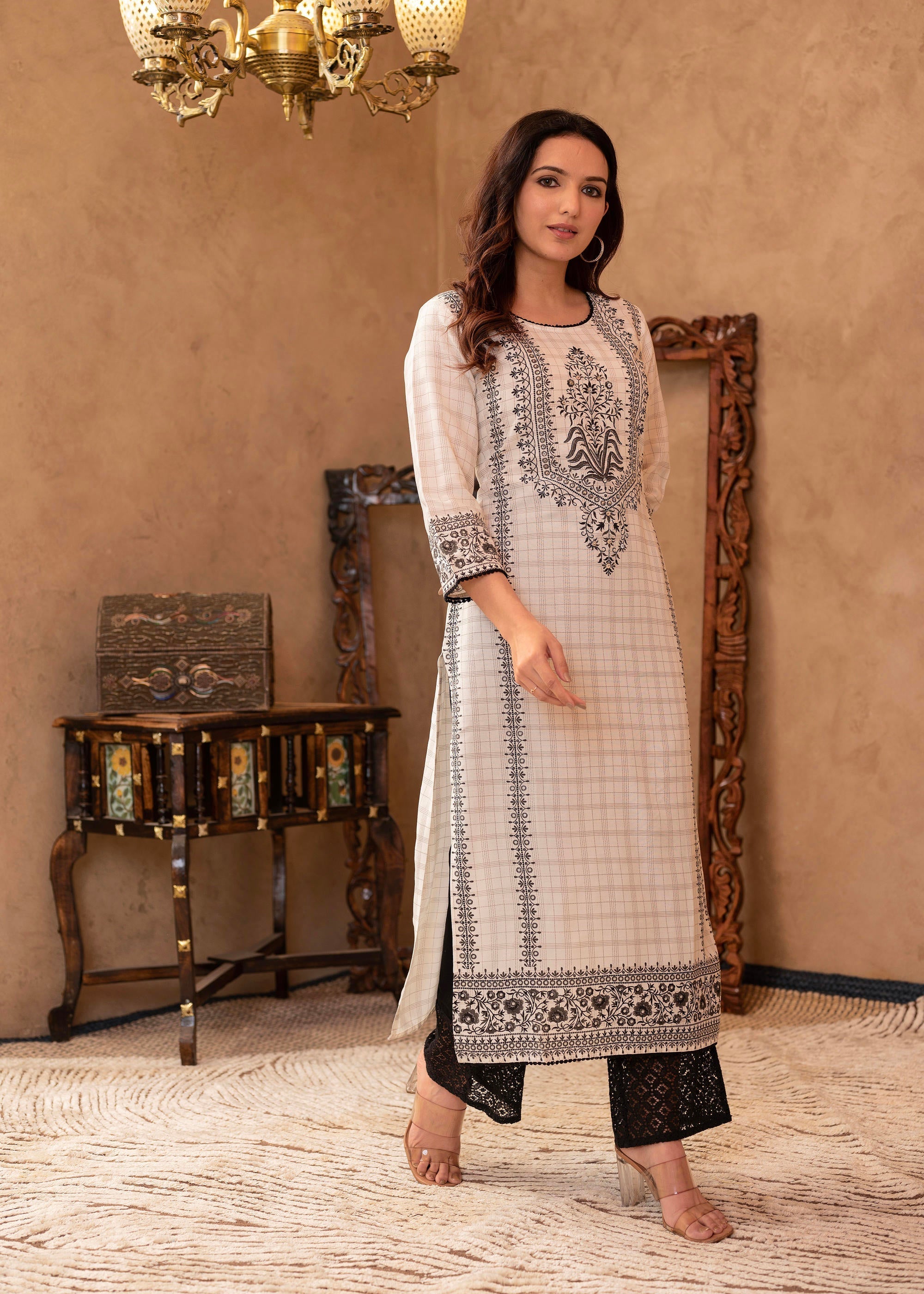 Black & White Ethnic Motif Printed Viscose Kurta with Cotton Lace & Se