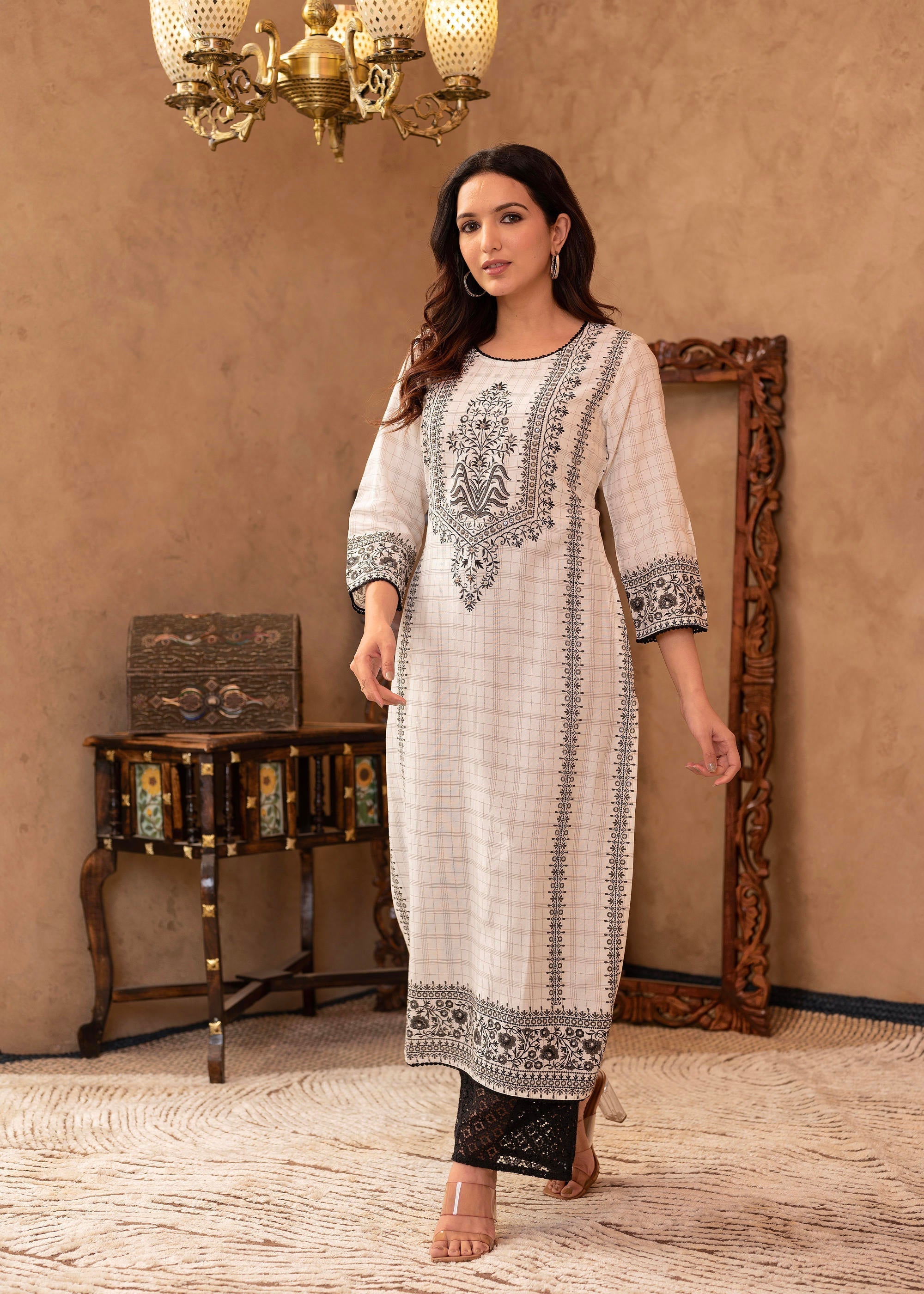 Black & White Ethnic Motif Printed Viscose Kurta with Cotton Lace & Se