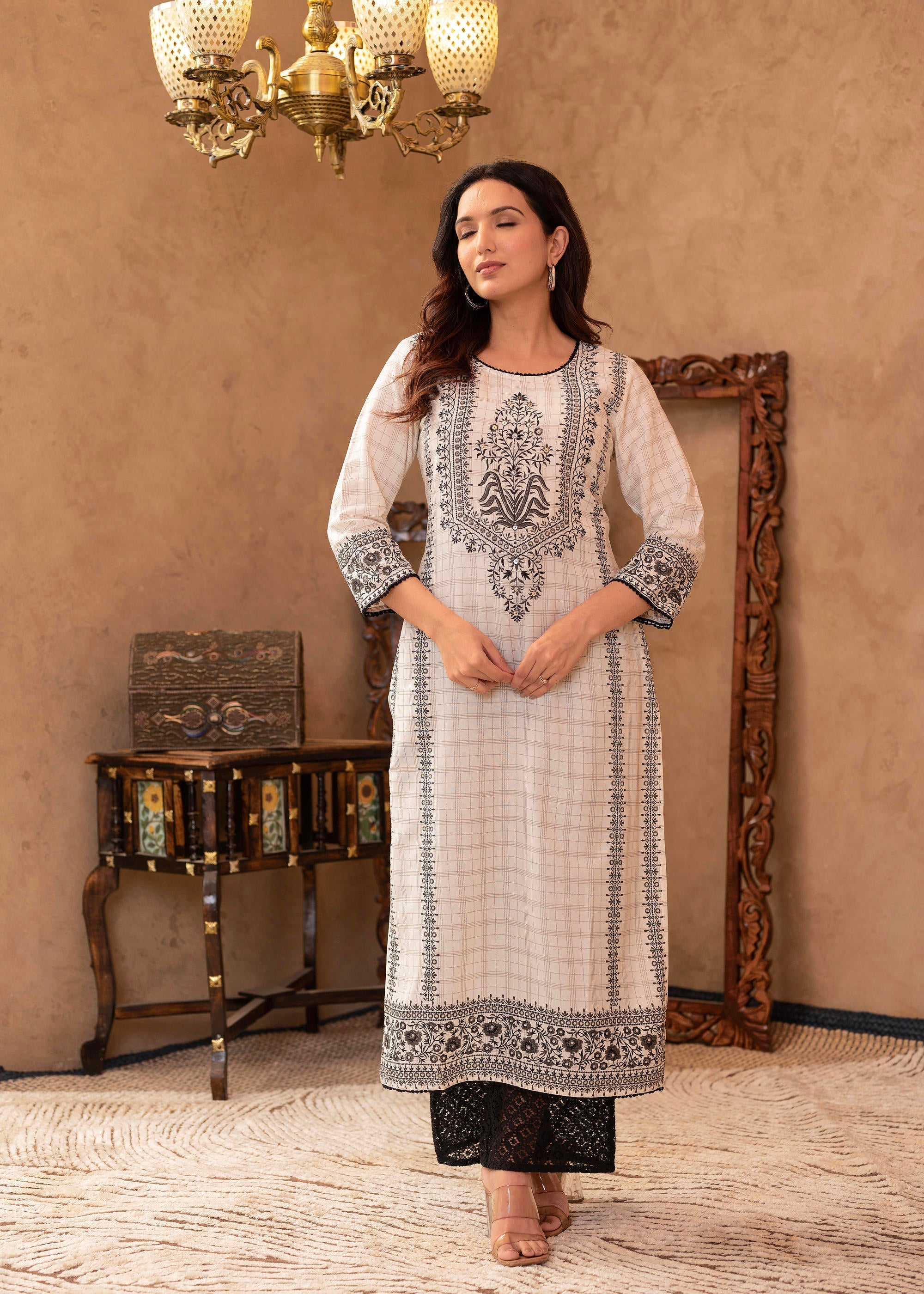 Black & White Ethnic Motif Printed Viscose Kurta with Cotton Lace & Se