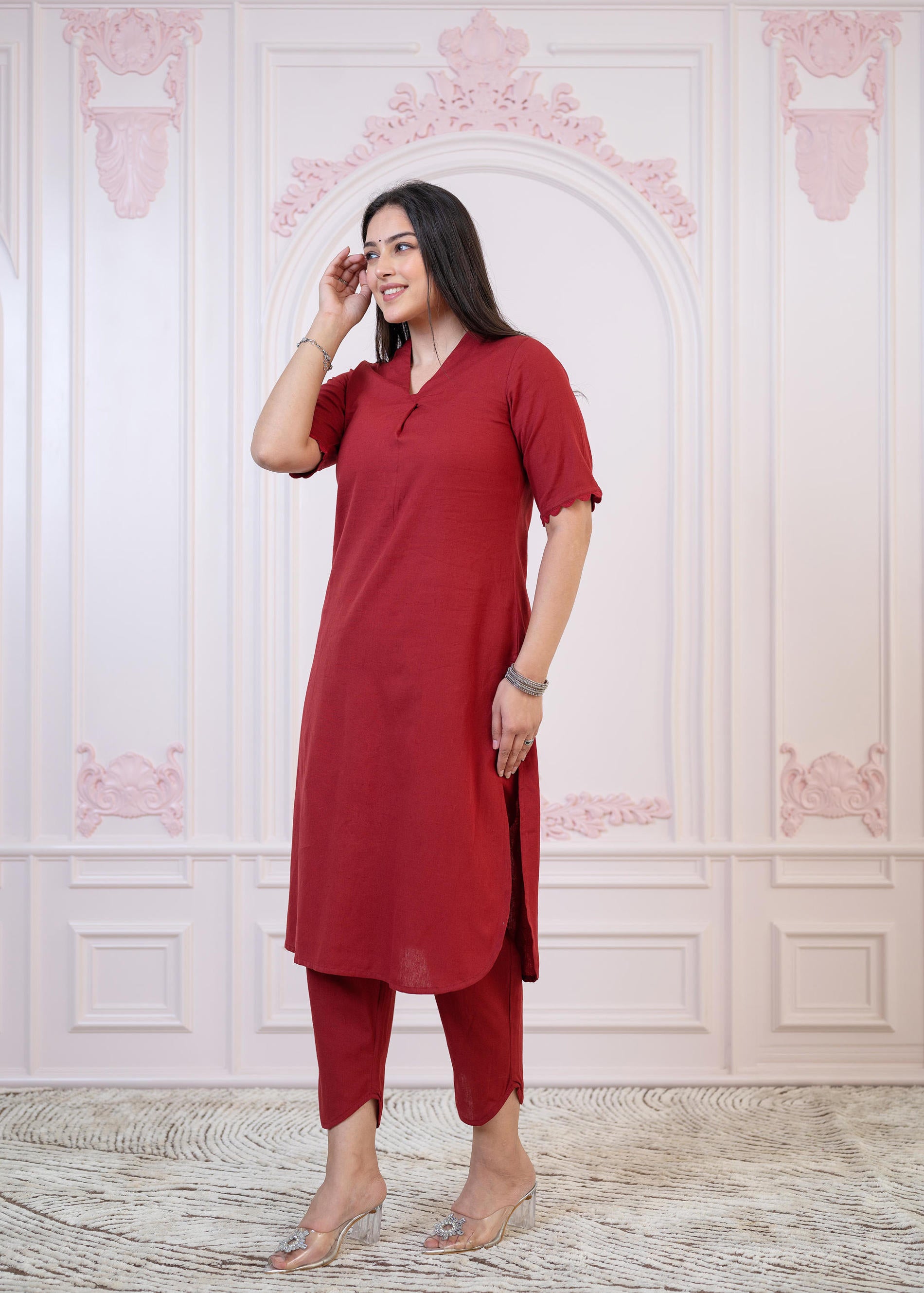 Maroon Cotton Linen Pleated Kurta-Pant Set with Cotton Lace