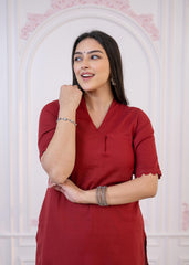 Maroon Cotton Linen Pleated Kurta-Pant Set with Cotton Lace-P1304MAROON