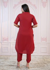 Maroon Cotton Linen Pleated Kurta-Pant Set with Cotton Lace-P1304MAROON