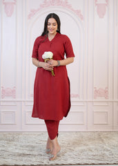 Maroon Cotton Linen Pleated Kurta-Pant Set with Cotton Lace-P1304MAROON