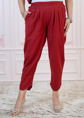Maroon Cotton Linen Pleated Kurta-Pant Set with Cotton Lace-P1304MAROON