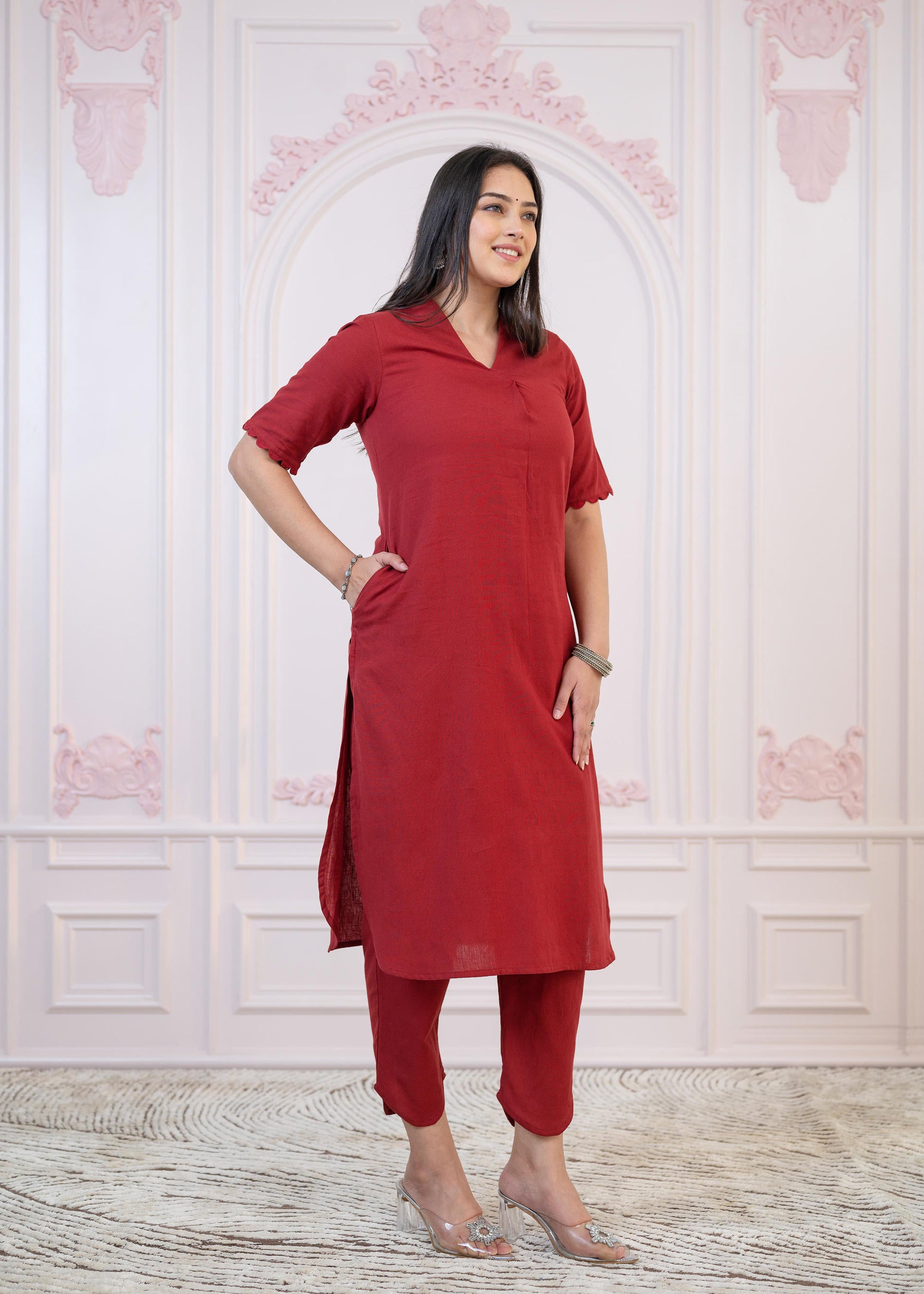 Maroon Cotton Linen Pleated Kurta-Pant Set with Cotton Lace