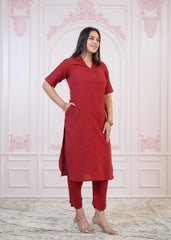 Maroon Cotton Linen Pleated Kurta-Pant Set with Cotton Lace-P1304MAROON