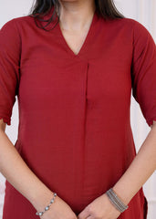 Maroon Cotton Linen Pleated Kurta-Pant Set with Cotton Lace-P1304MAROON