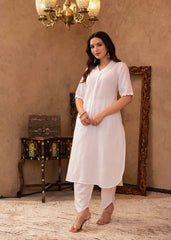 White Cotton Linen Pleated Kurta-Pant Set with Cotton Lace Detailing-P1304WHITE