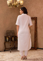 White Cotton Linen Pleated Kurta-Pant Set with Cotton Lace Detailing-P1304WHITE