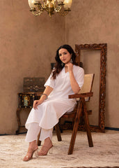 White Cotton Linen Pleated Kurta-Pant Set with Cotton Lace Detailing-P1304WHITE