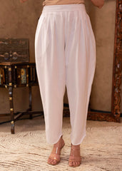 White Cotton Linen Pleated Kurta-Pant Set with Cotton Lace Detailing-P1304WHITE