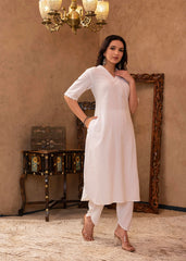 White Cotton Linen Pleated Kurta-Pant Set with Cotton Lace Detailing-P1304WHITE