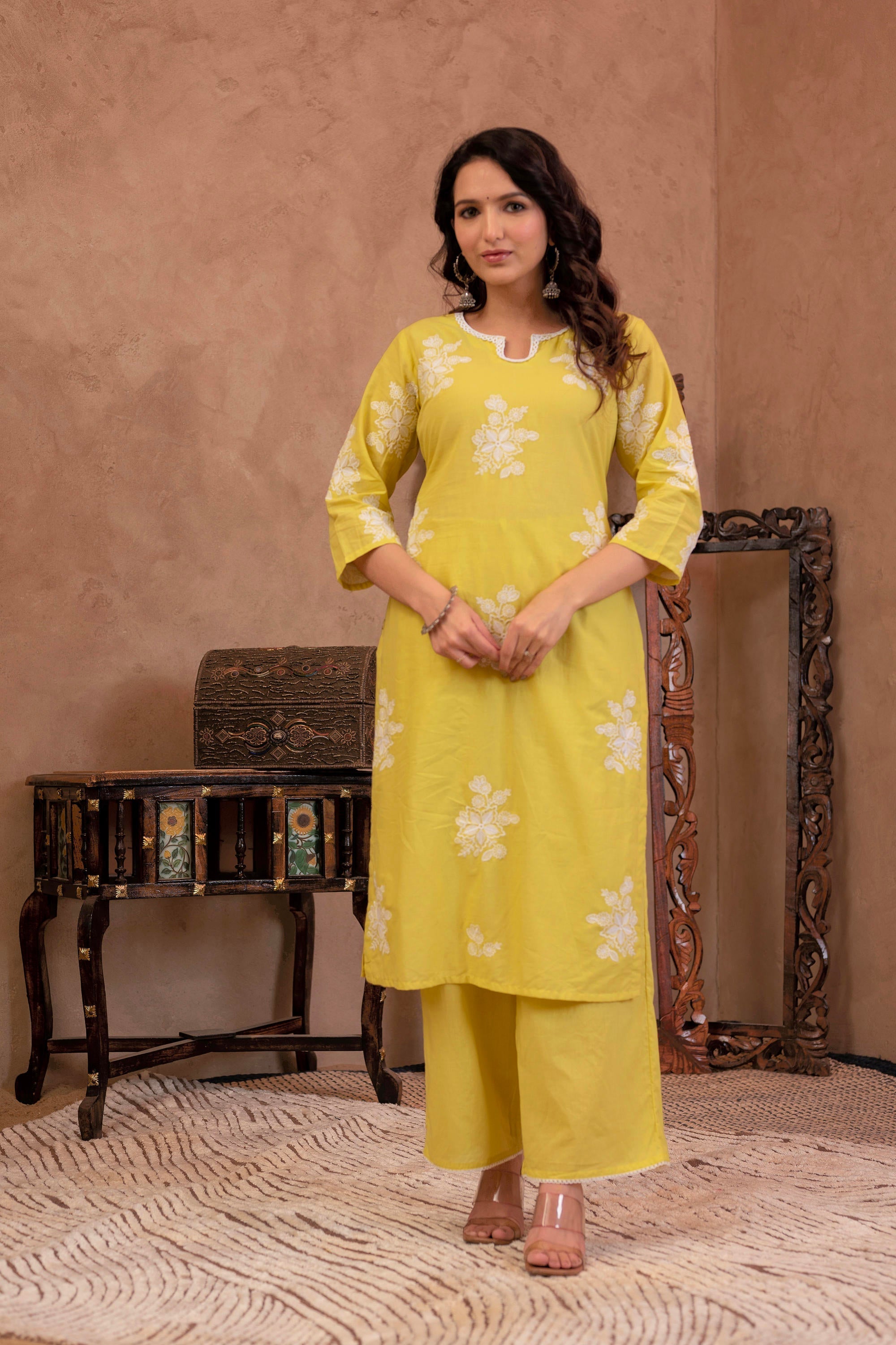 Lime Yellow Embroidered Cotton Slub Kurta with Palazzo & Thread Work |