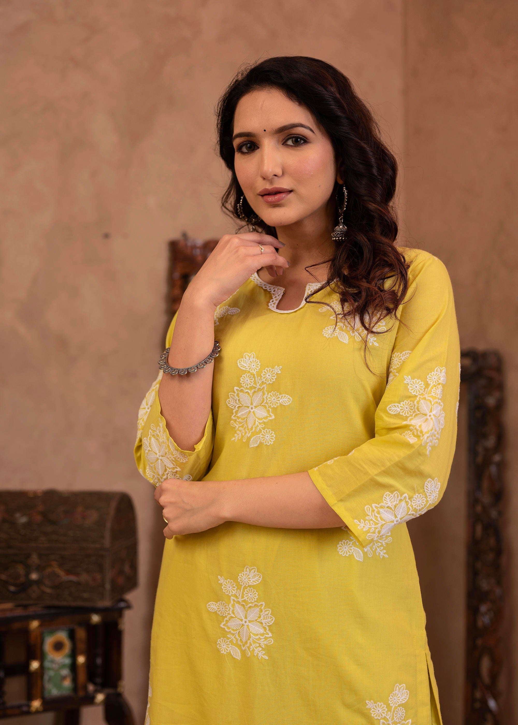 Lime Yellow Embroidered Cotton Slub Kurta with Palazzo & Thread Work |