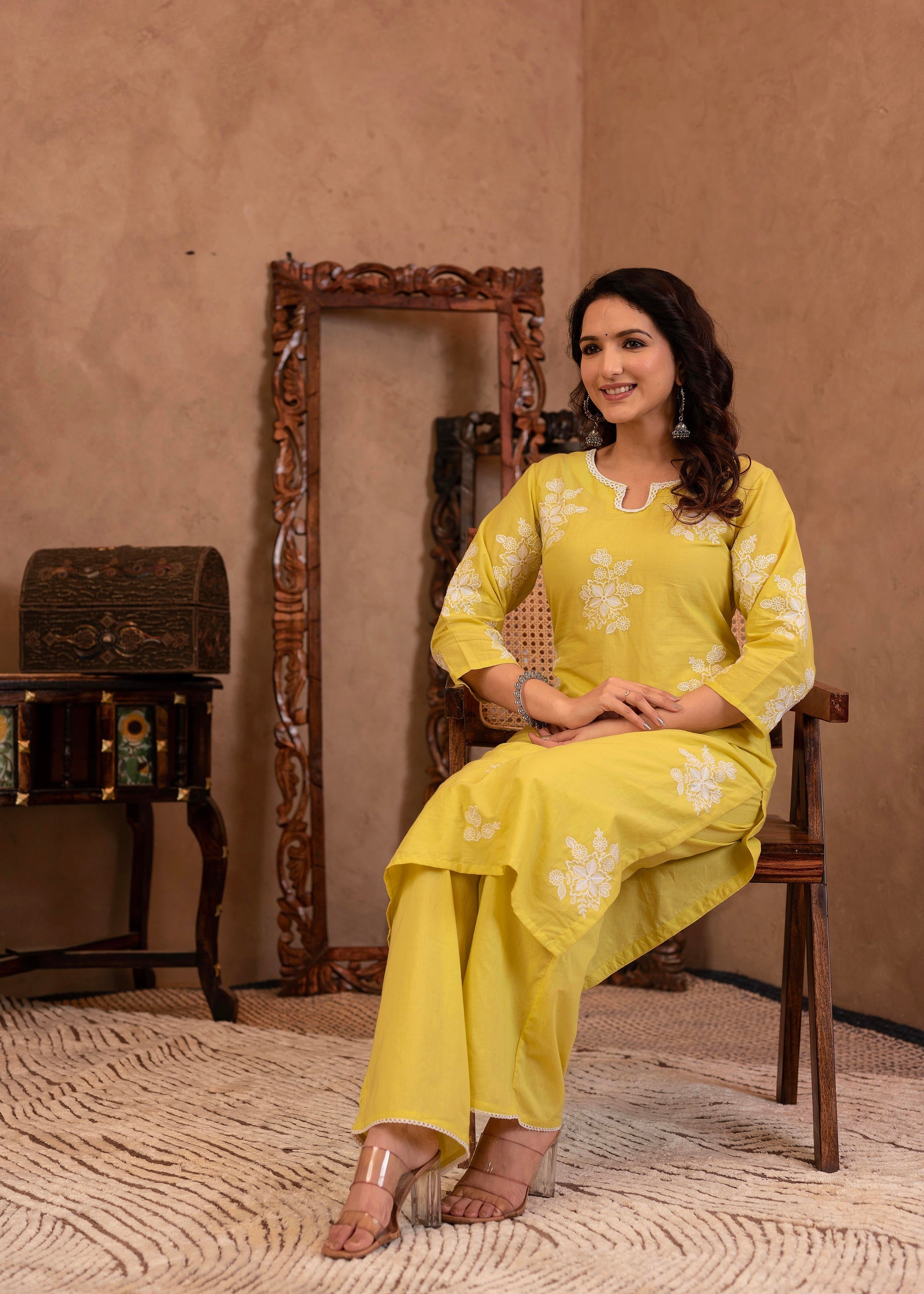 Lime Yellow Embroidered Cotton Slub Kurta with Palazzo & Thread Work |