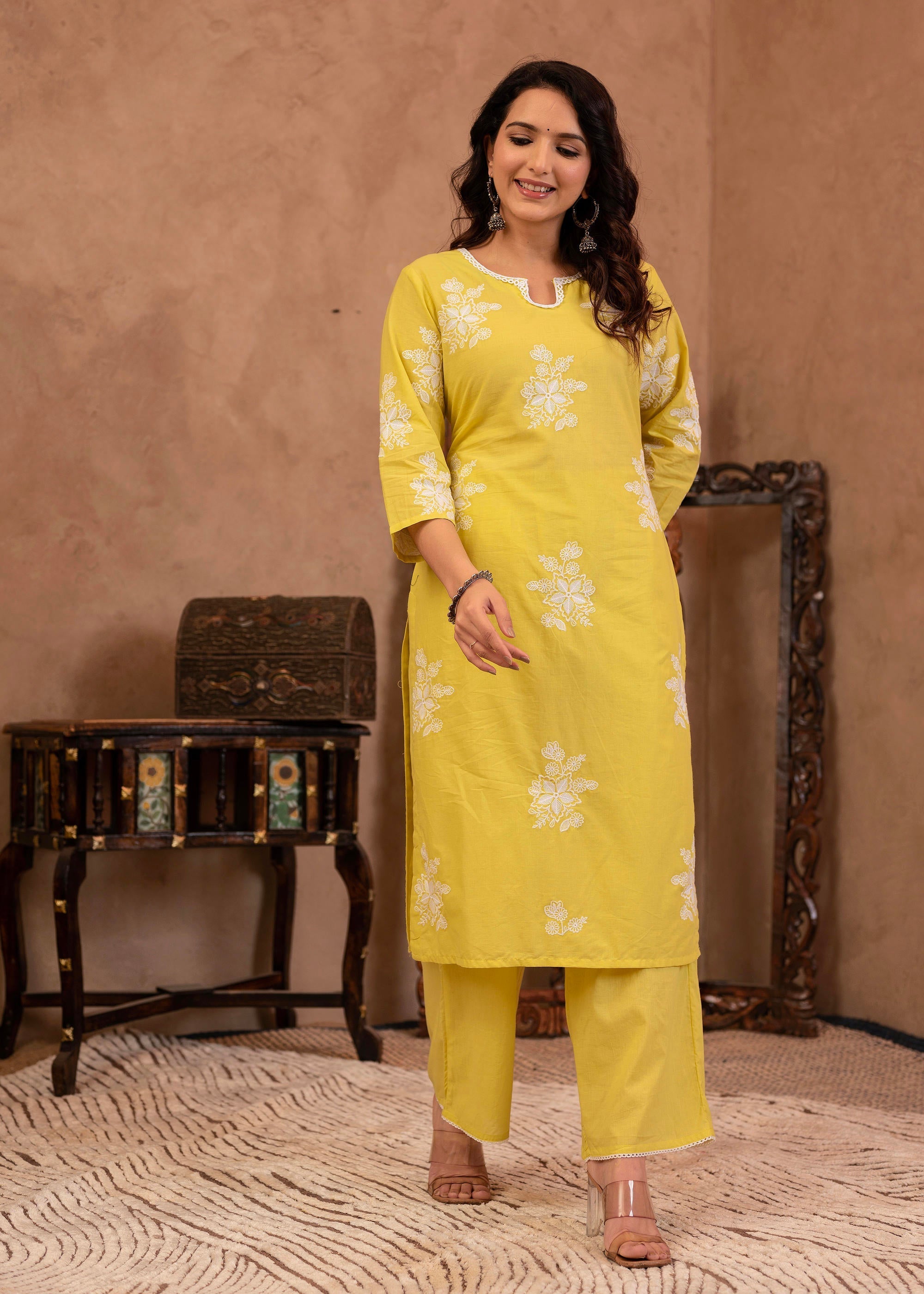 Lime Yellow Embroidered Cotton Slub Kurta with Palazzo & Thread Work |