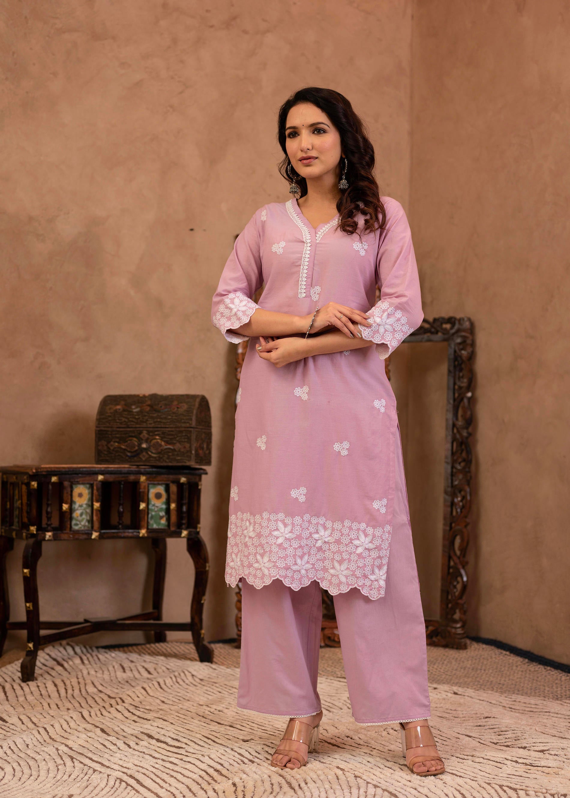 Lavender Floral Embroidered Cotton Kurta with Palazzo & Lace Work
