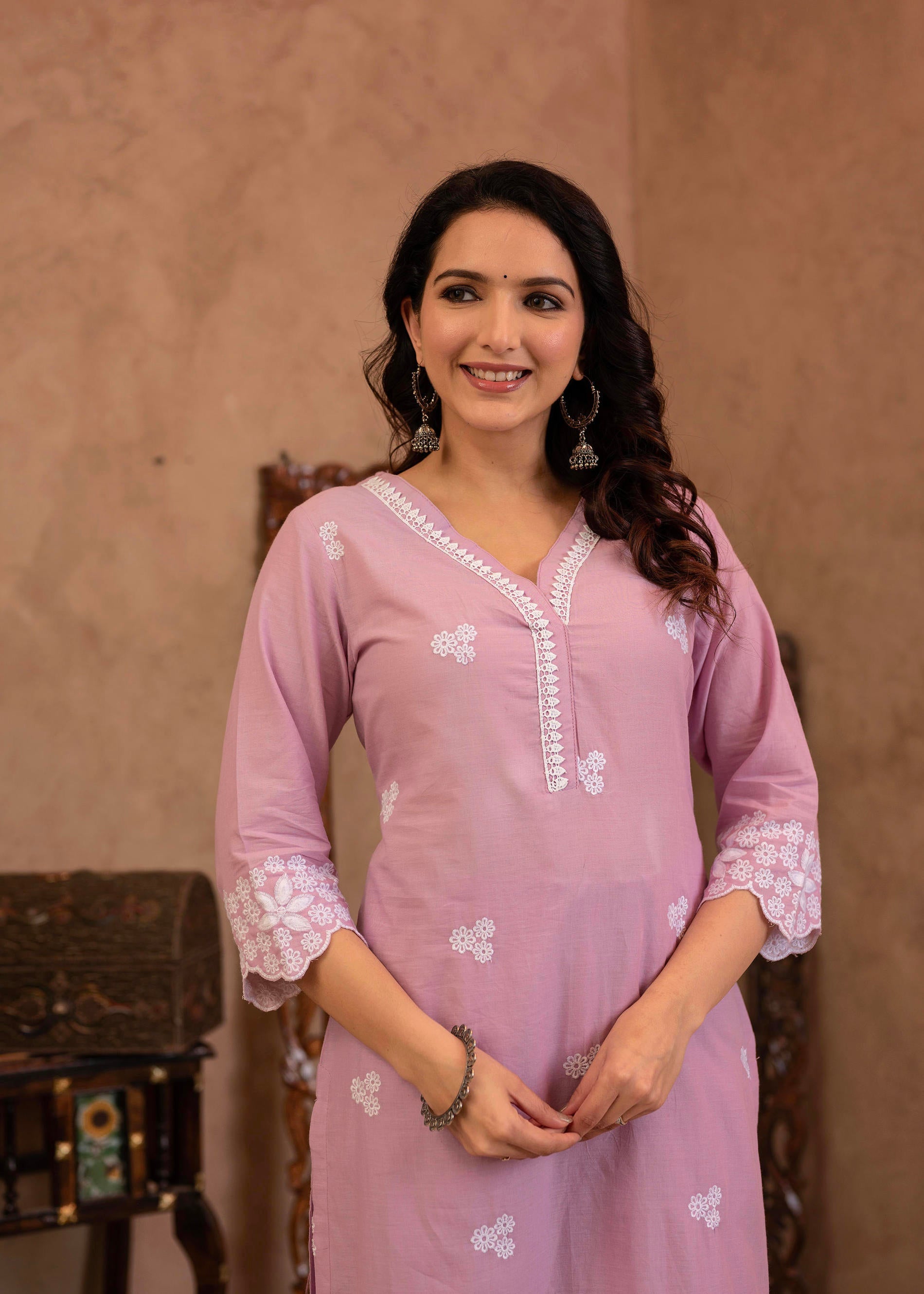 Lavender Floral Embroidered Cotton Kurta with Palazzo & Lace Work