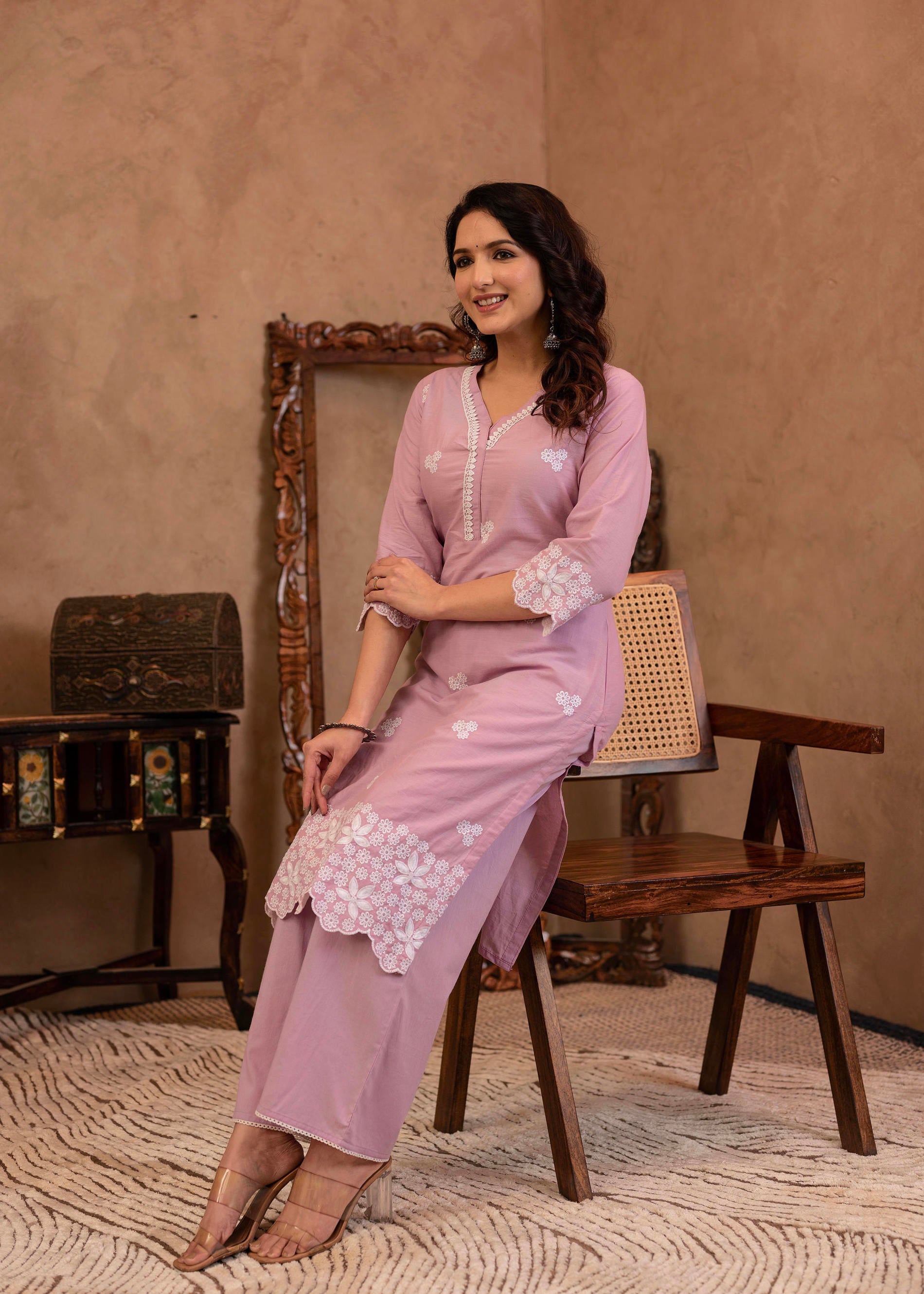 Lavender Floral Embroidered Cotton Kurta with Palazzo & Lace Work