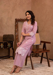 Lavender Floral Embroidered Cotton Kurta with Palazzo & Lace Work-P1307LAVENDER