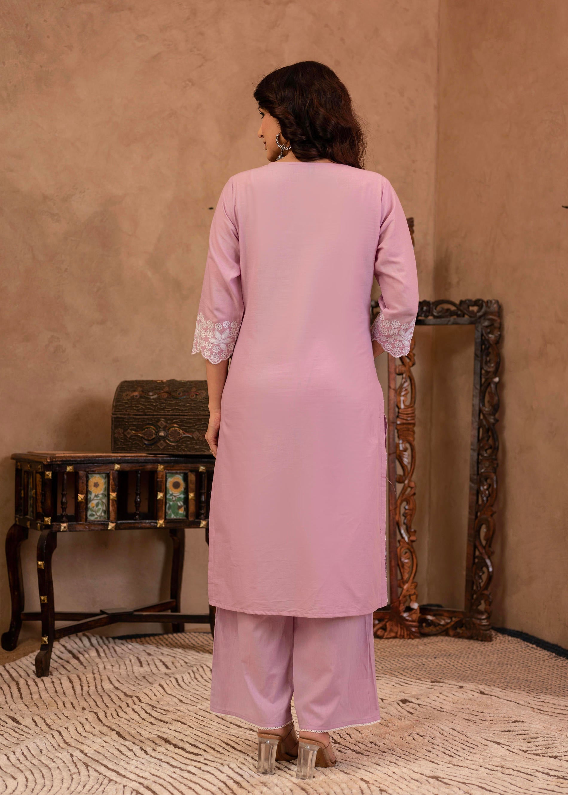 Lavender Floral Embroidered Cotton Kurta with Palazzo & Lace Work