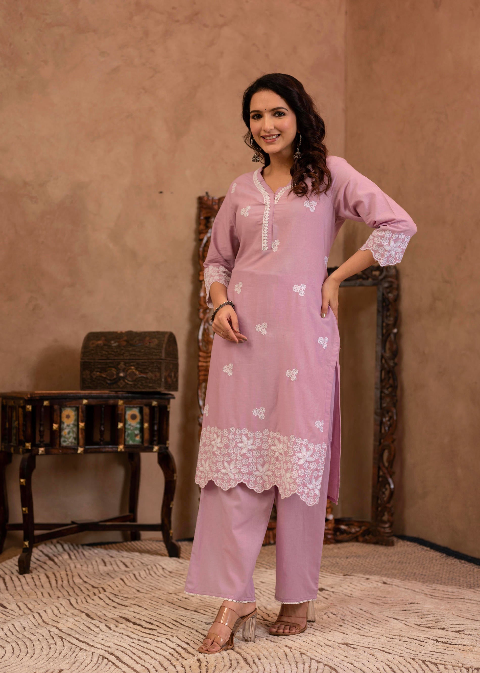 Lavender Floral Embroidered Cotton Kurta with Palazzo & Lace Work