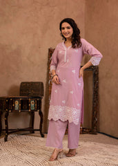 Lavender Floral Embroidered Cotton Kurta with Palazzo & Lace Work-P1307LAVENDER