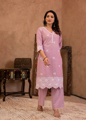Lavender Floral Embroidered Cotton Kurta with Palazzo & Lace Work-P1307LAVENDER