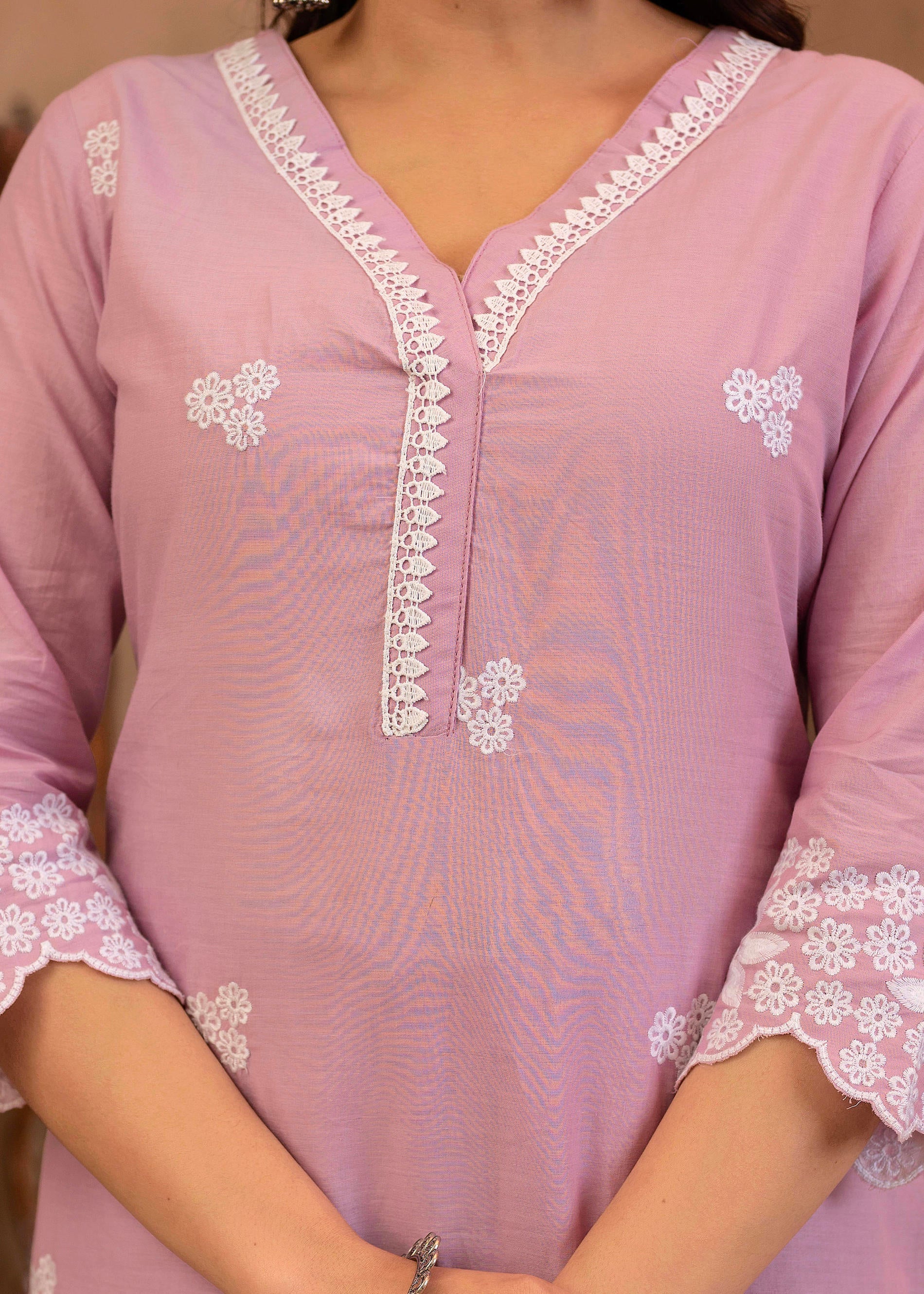 Lavender Floral Embroidered Cotton Kurta with Palazzo & Lace Work