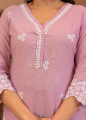 Lavender Floral Embroidered Cotton Kurta with Palazzo & Lace Work-P1307LAVENDER