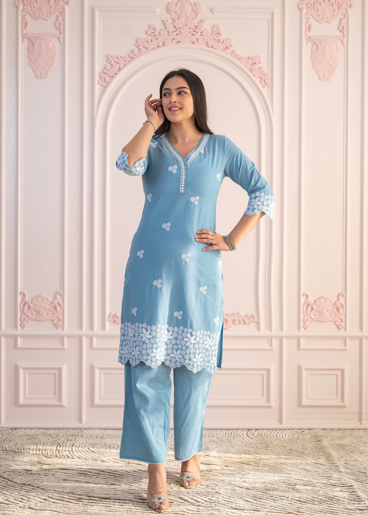 Powder Blue Embroidered Cotton Kurta with Palazzo & Lace Work-P1307POWDERBLUE