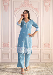 Powder Blue Embroidered Cotton Kurta with Palazzo & Lace Work-P1307POWDERBLUE