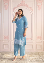 Powder Blue Embroidered Cotton Kurta with Palazzo & Lace Work-P1307POWDERBLUE